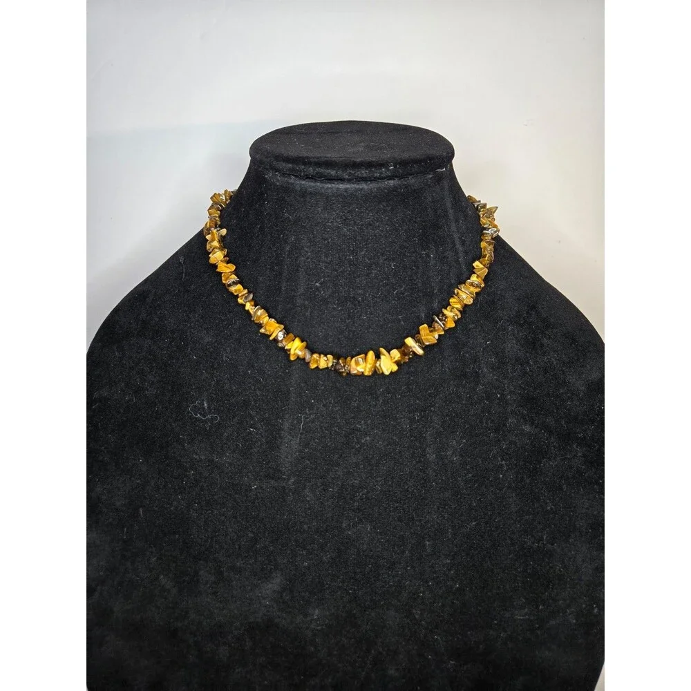 Tiger's Eye Chip Necklace Gold Tone Barrel Clasp